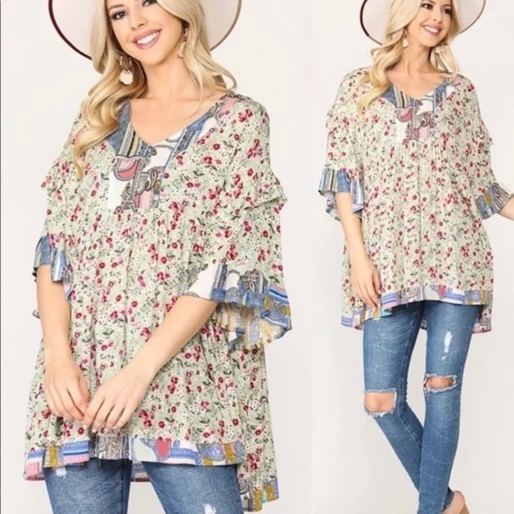 Boho floral babydoll V-neck tunic top